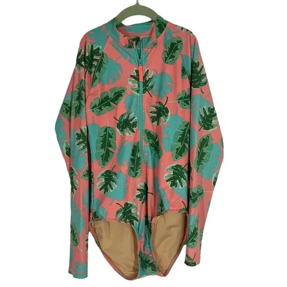 Crewcuts long sleeved one piece rash guard one piece 14 Monstera leaves - Picture 2 of 4